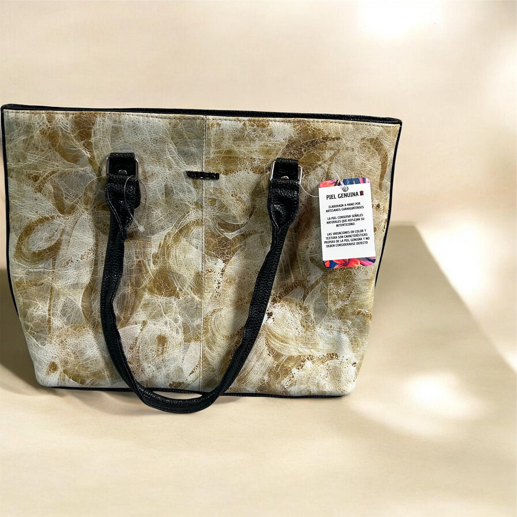 Beautiful Large Leather Bag Beige Floral Color