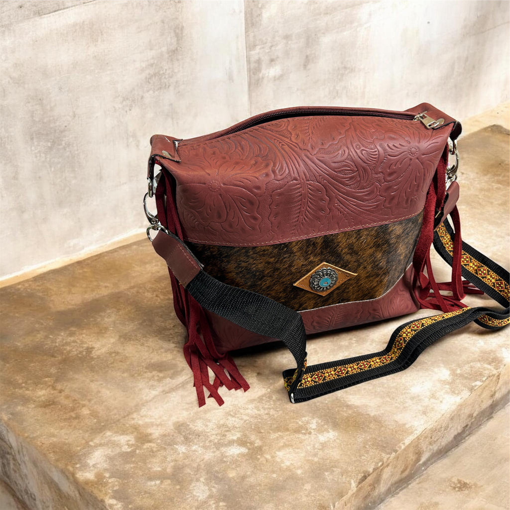 Beautiful Hand Made Two Tone Leather Burgundy / Cowhide
