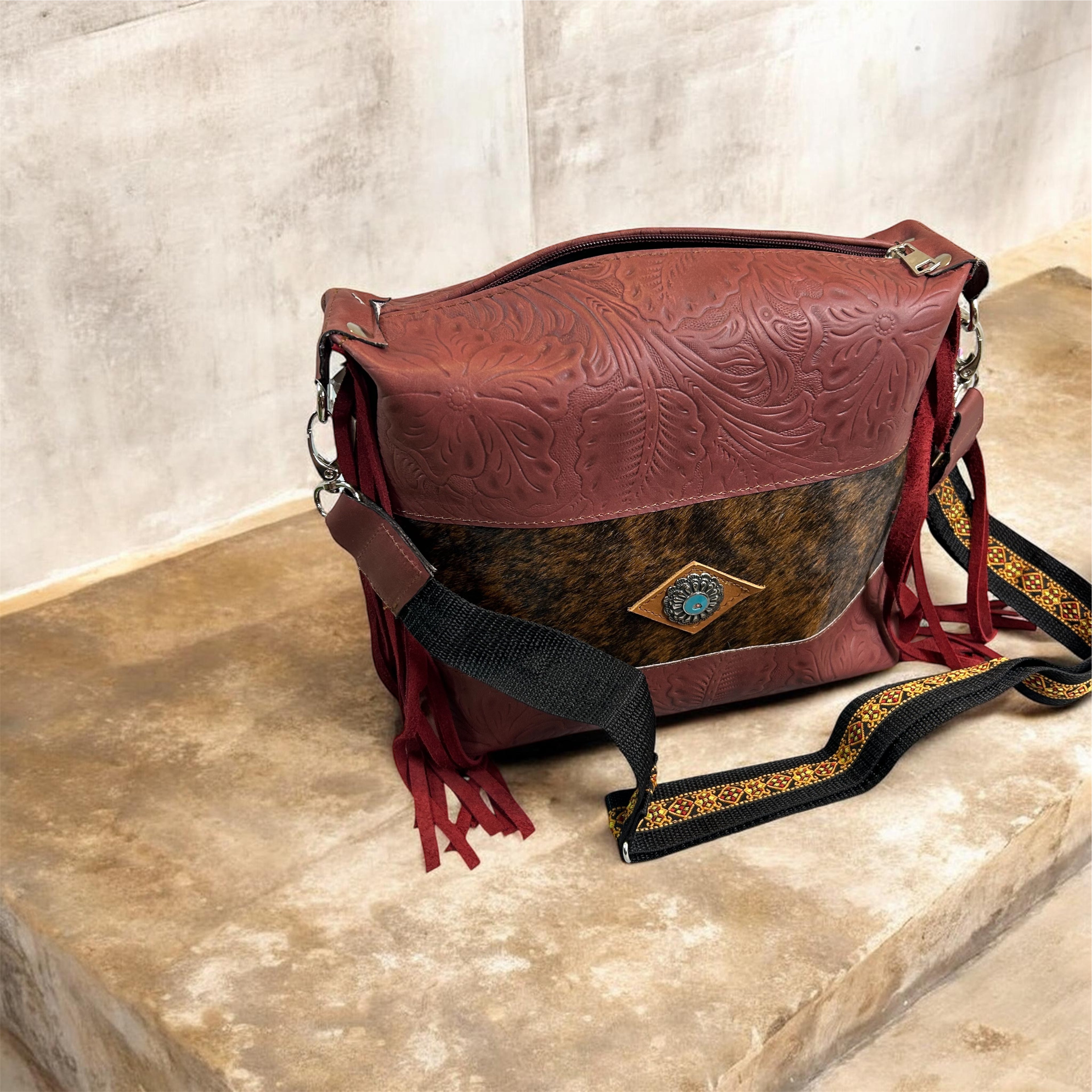 Beautiful Hand Made Two Tone Leather Burgundy / Cowhide